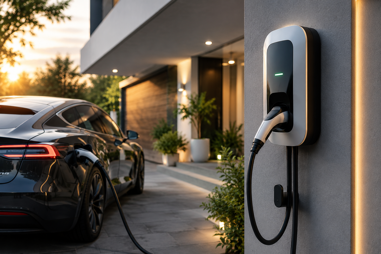 Carregador (wallbox) para carro elétrico instalado na parede, com veículo conectado