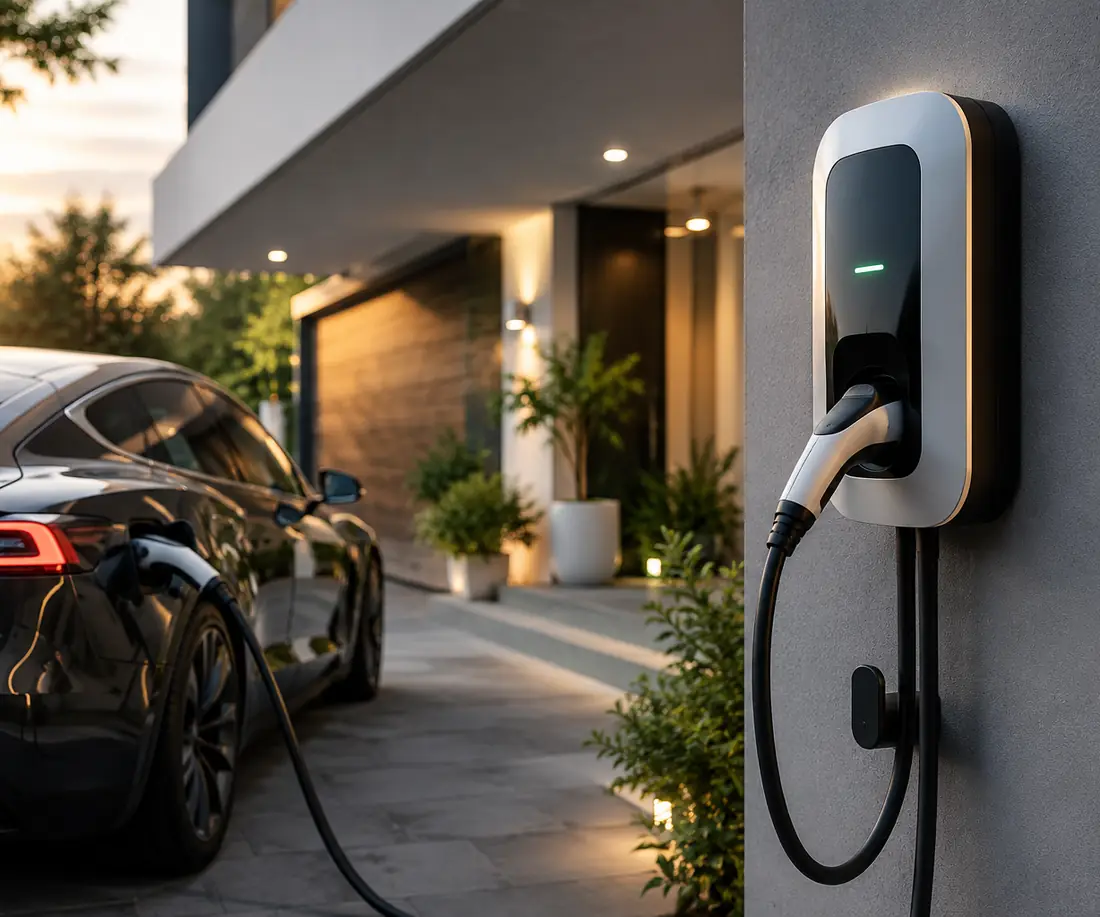 Carregador (wallbox) para carro elétrico instalado na parede, com veículo conectado