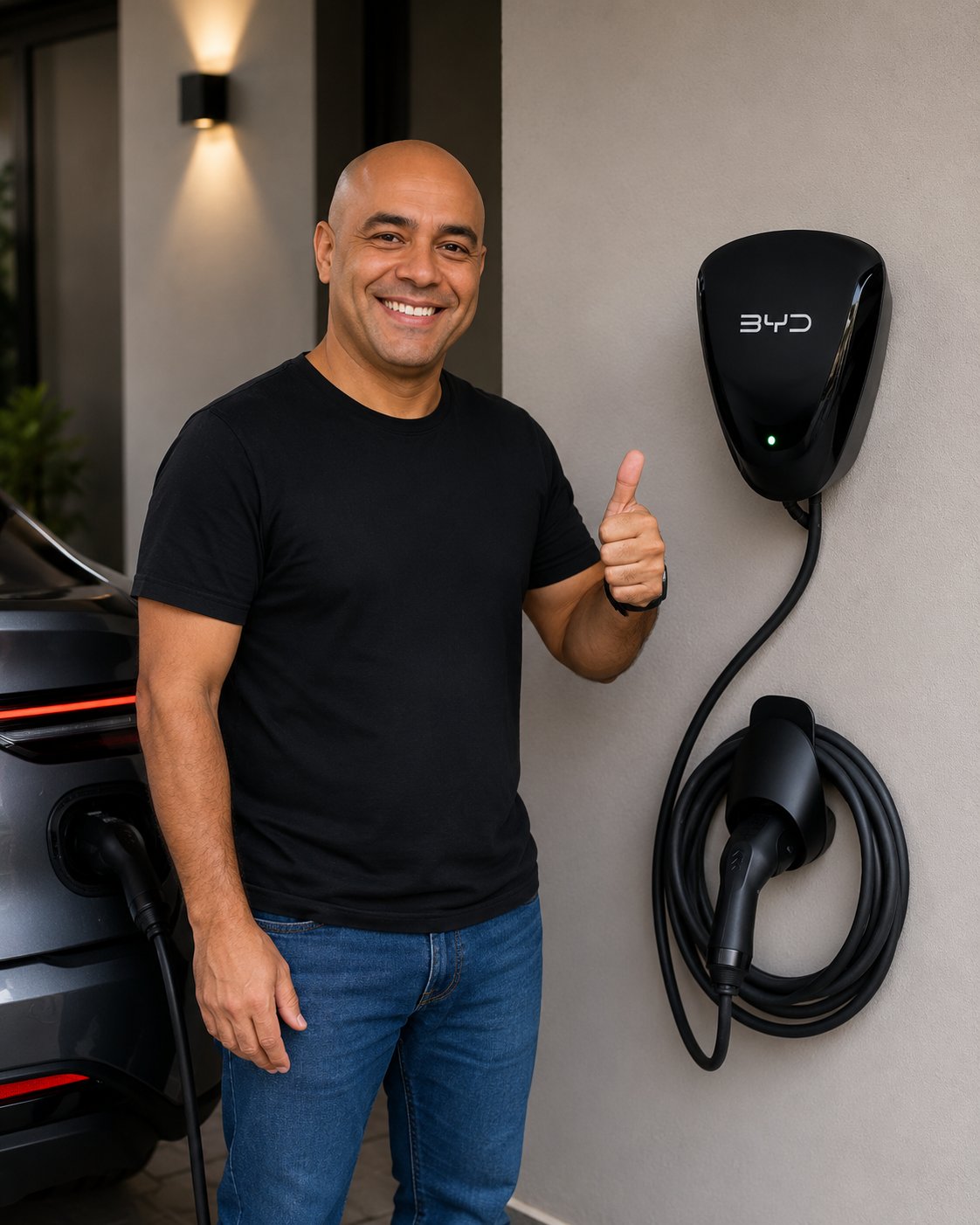 Cliente satisfeito ao lado de um carregador para carro elétrico instalado pela You Eletric