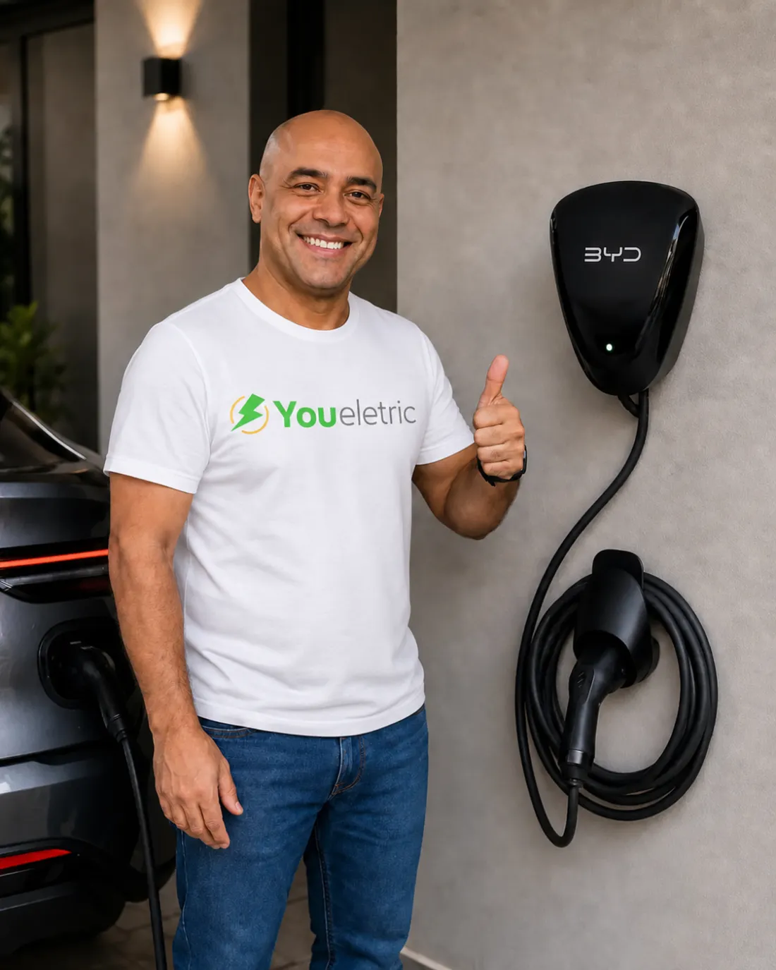 Profissional da You Eletric ao lado de um equipamento de energia instalado